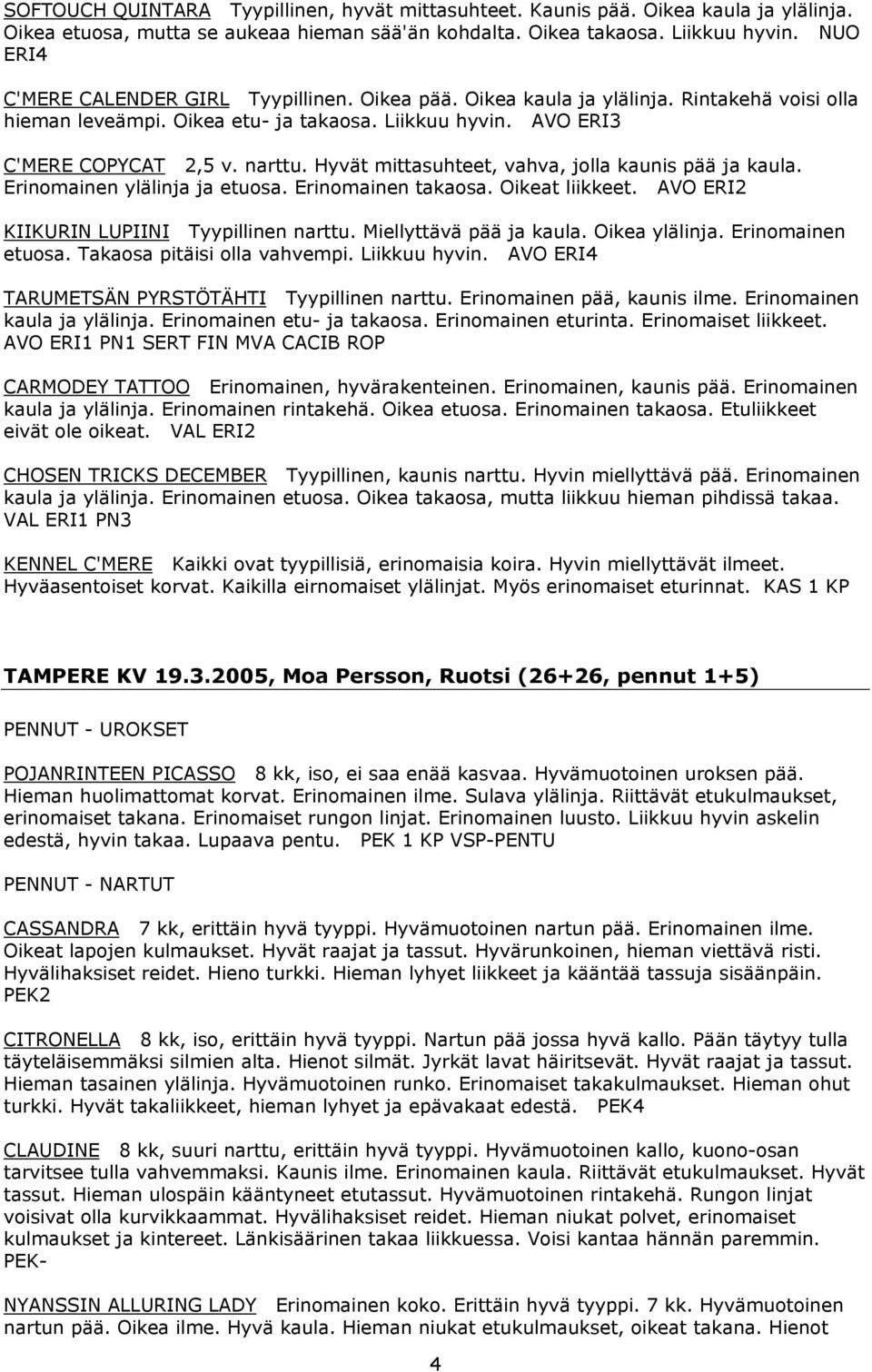 Hyvät mittasuhteet, vahva, jolla kaunis pää ja kaula. Erinomainen ylälinja ja etuosa. Erinomainen takaosa. Oikeat liikkeet. AVO ERI2 KIIKURIN LUPIINI Tyypillinen narttu. Miellyttävä pää ja kaula.