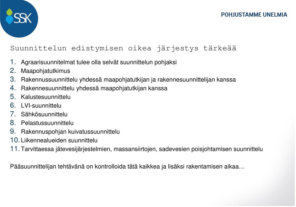 Kalustesuunnittelu 6. LVI-suunnittelu 7. Sähkösuunnittelu 8. Pelastussuunnittelu 9. Rakennuspohjan kuivatussuunnittelu 10.