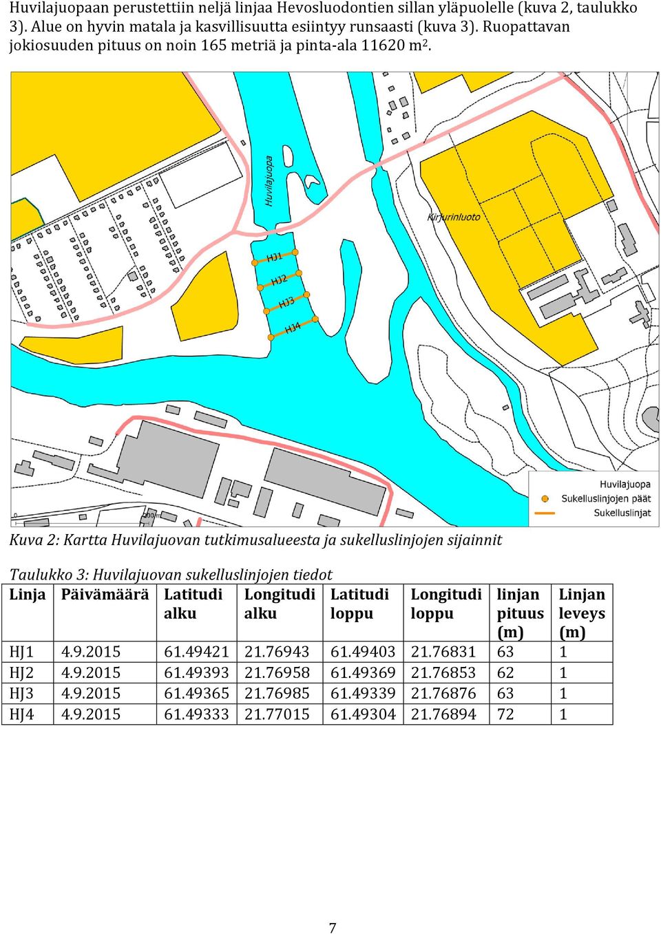 Kuva 2: Kartta Huvilajuovan tutkimusalueesta ja sukelluslinjojen sijainnit Taulukko 3: Huvilajuovan sukelluslinjojen tiedot Linja Päivämäärä Latitudi alku Longitudi alku