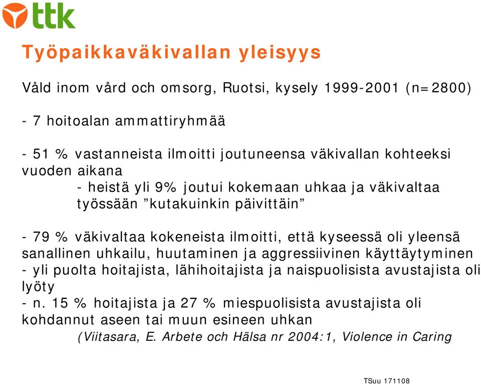 että kyseessä oli yleensä sanallinen uhkailu, huutaminen ja aggressiivinen käyttäytyminen - yli puolta hoitajista, lähihoitajista ja naispuolisista avustajista