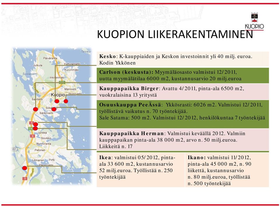 euroa Kauppapaikka Birger: Avattu 4/2011, pinta-ala 6500 m2, vuokralaisina 13 yritystä Osuuskauppa PeeÄssä: Ykkösrasti: 6026 m2. Valmistui 12/2011, työllistävä vaikutus n. 70 työntekijää.