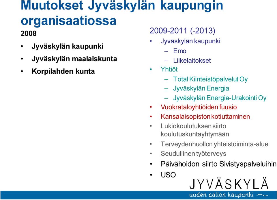 Jyväskylän Energia-Urakointi Oy Vuokrataloyhtiöiden fuusio Kansalaisopiston kotiuttaminen Lukiokoulutuksen siirto