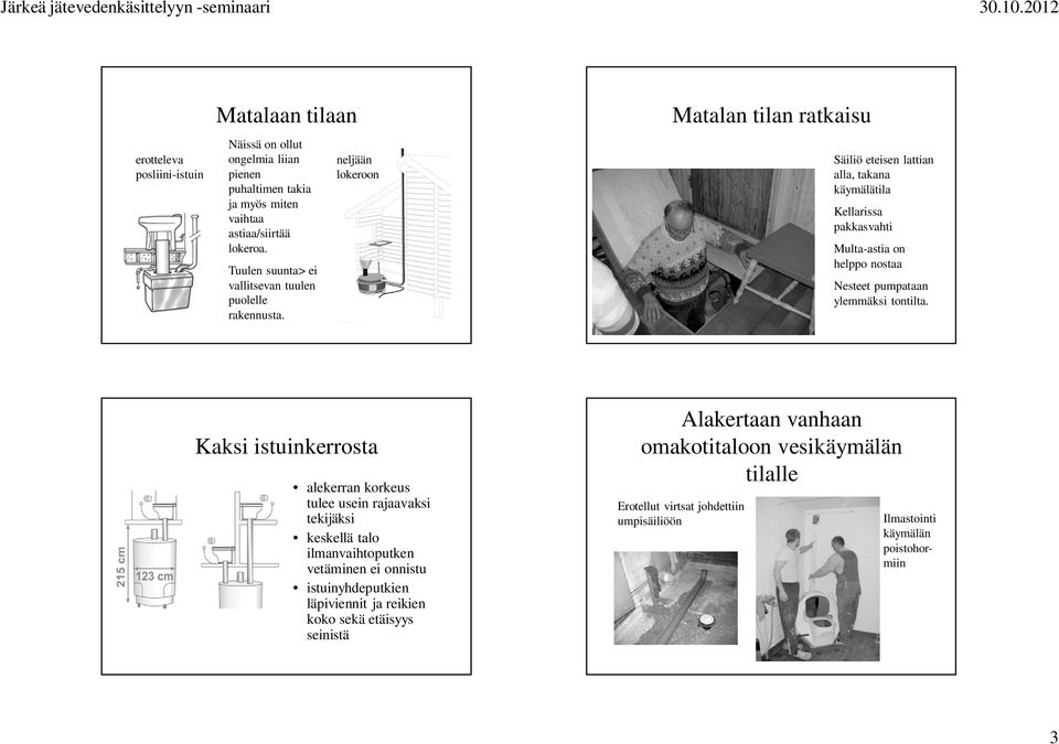 neljään lokeroon Matalan tilan ratkaisu Säiliö eteisen lattian alla, takana käymälätila Kellarissa pakkasvahti Multa-astia on helppo nostaa Nesteet pumpataan ylemmäksi tontilta.