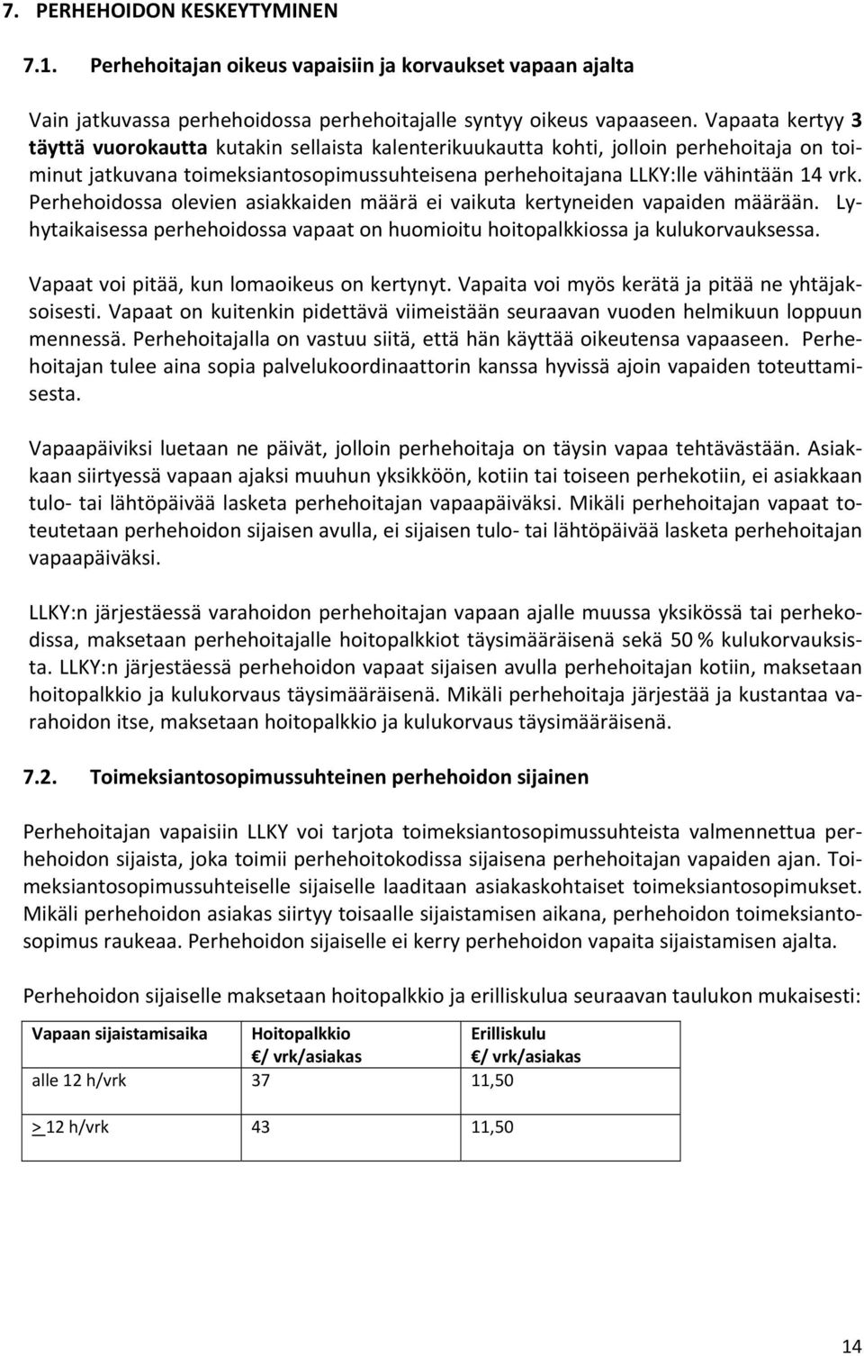 Perhehoidossa olevien asiakkaiden määrä ei vaikuta kertyneiden vapaiden määrään. Lyhytaikaisessa perhehoidossa vapaat on huomioitu hoitopalkkiossa ja kulukorvauksessa.