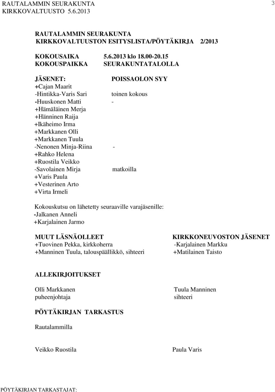 +Markkanen Tuula -Nenonen Minja-Riina - +Rahko Helena +Ruostila Veikko -Savolainen Mirja matkoilla +Varis Paula +Vesterinen Arto +Virta Irmeli Kokouskutsu on lähetetty seuraaville varajäsenille: