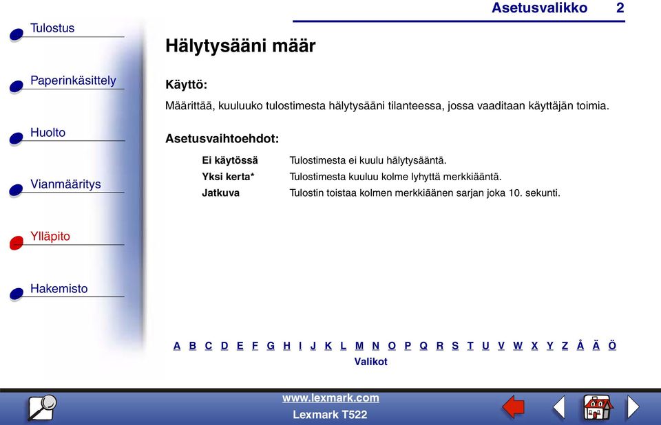 Ei käytössä Yksi kerta* Jatkuva Tulostimesta ei kuulu hälytysääntä.