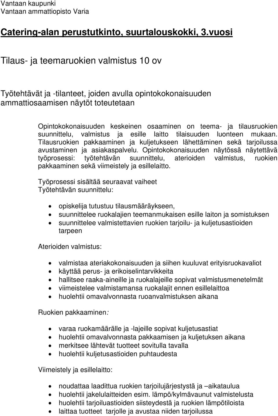 tilausruokien suunnittelu, valmistus ja esille laitto tilaisuuden luonteen mukaan. Tilausruokien pakkaaminen ja kuljetukseen lähettäminen sekä tarjoilussa avustaminen ja asiakaspalvelu.