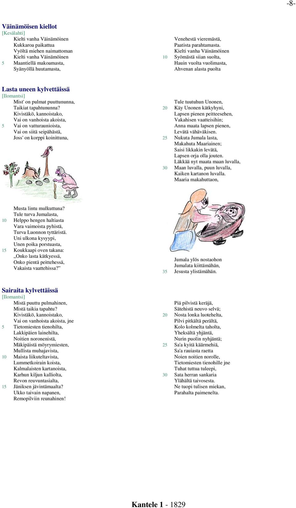 Kivistäkö, kannoistako, Vai on vanhoista akoista, 5 Vai on vatturaunioista, Vai on siitä seipähästä, Joss' on korppi koinittuna, Tule tuutuhun Unonen, 20 Käy Unonen kätkyhyni, Lapsen pienen