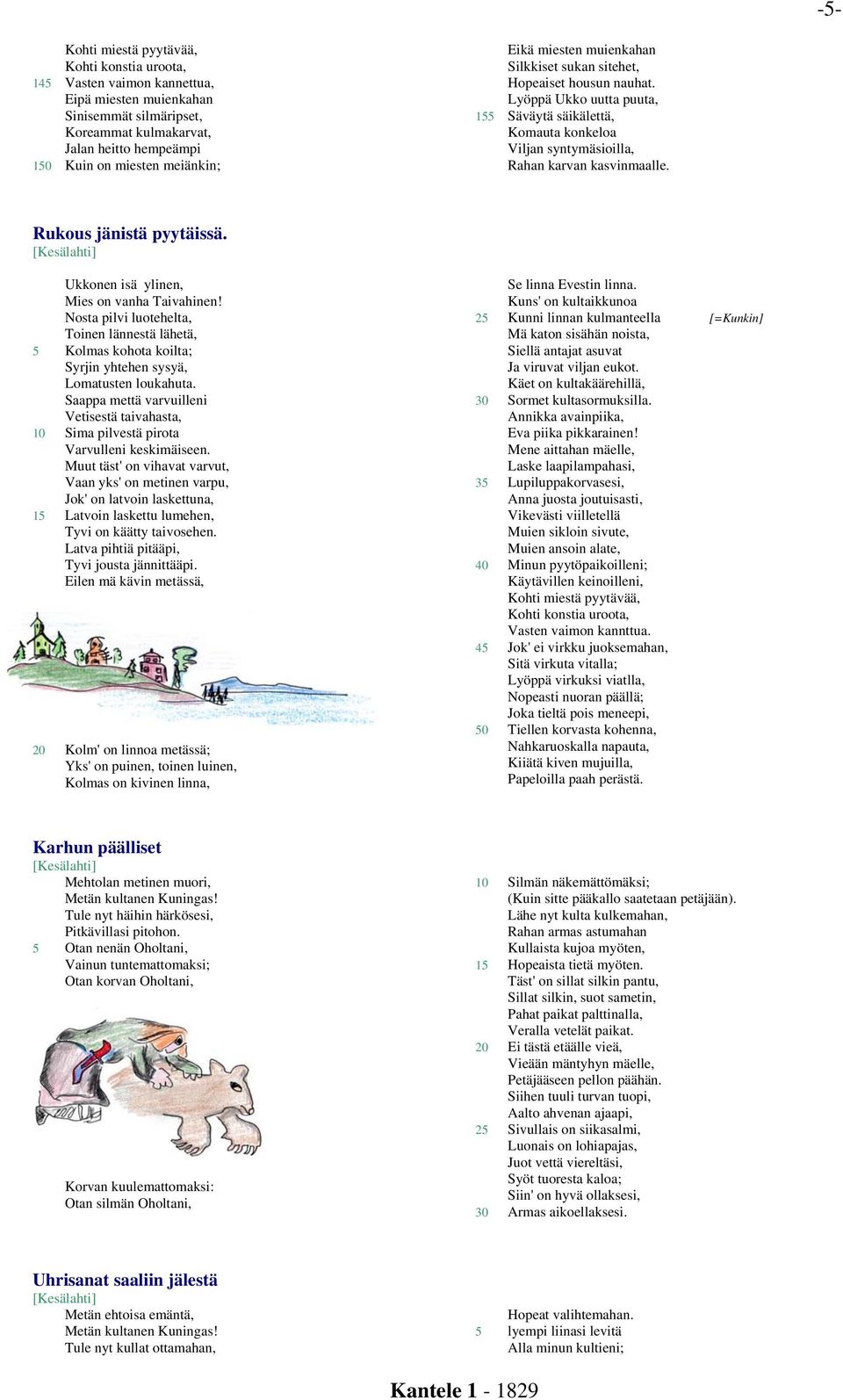 Rukous jänistä pyytäissä. Ukkonen isä ylinen, Mies on vanha Taivahinen! Nosta pilvi luotehelta, Toinen lännestä lähetä, 5 Kolmas kohota koilta; Syrjin yhtehen sysyä, Lomatusten loukahuta.