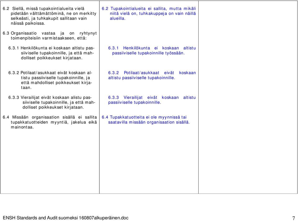 Organisaatio vastaa ja on ryhtynyt toimenpiteisiin varmistaakseen, että: 6.3.1 Henkilökunta ei koskaan altistu passiiviselle tupakoinnille, ja että mahdolliset poikkeukset kirjataan. 6.3.1 Henkilökunta ei koskaan altistu passiiviselle tupakoinnille työssään.