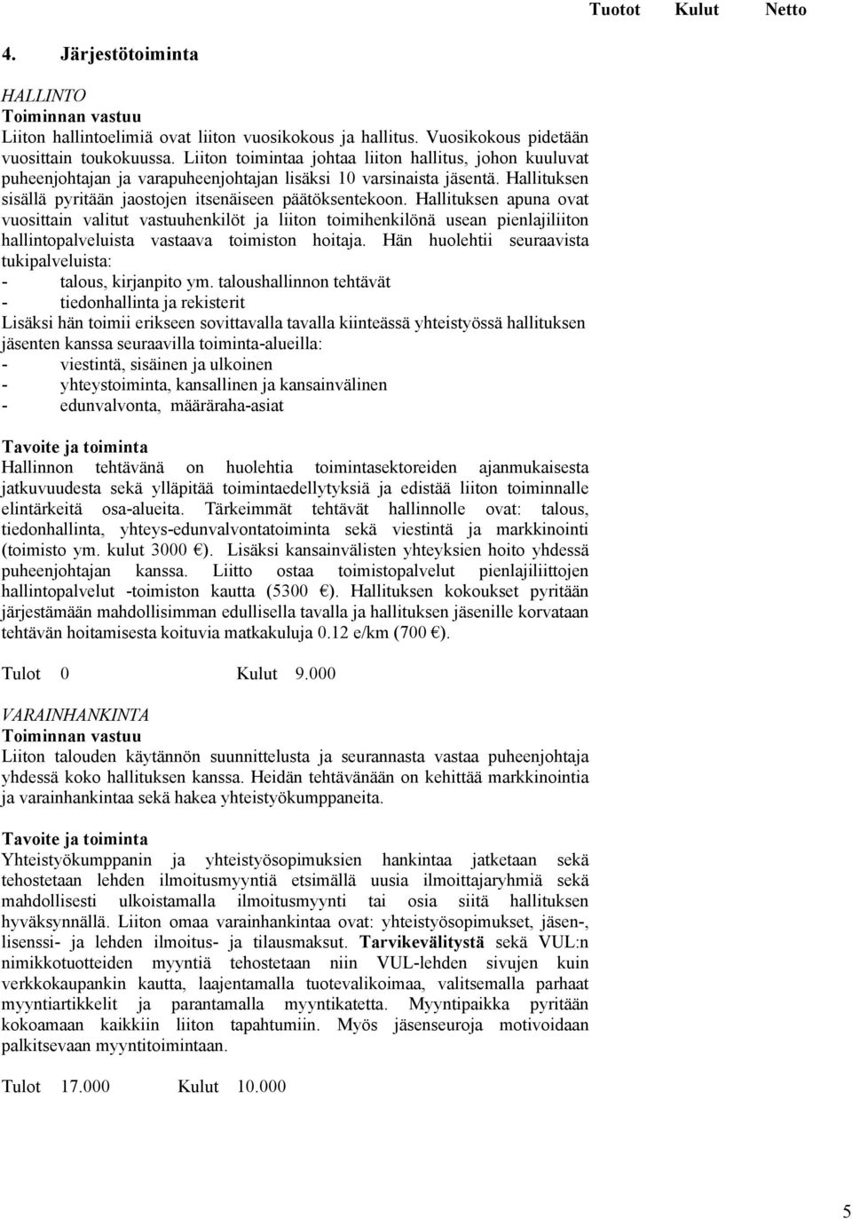 Hallituksen apuna ovat vuosittain valitut vastuuhenkilöt ja liiton toimihenkilönä usean pienlajiliiton hallintopalveluista vastaava toimiston hoitaja.