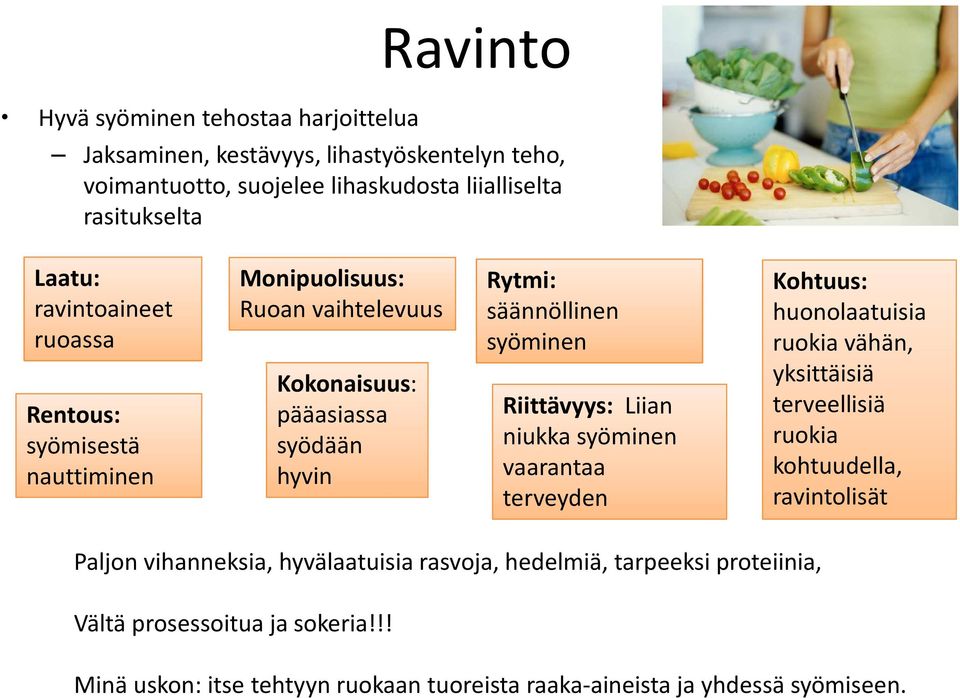 Riittävyys: Liian niukka syöminen vaarantaa terveyden Kohtuus: huonolaatuisia ruokia vähän, yksittäisiä terveellisiä ruokia kohtuudella, ravintolisät Paljon