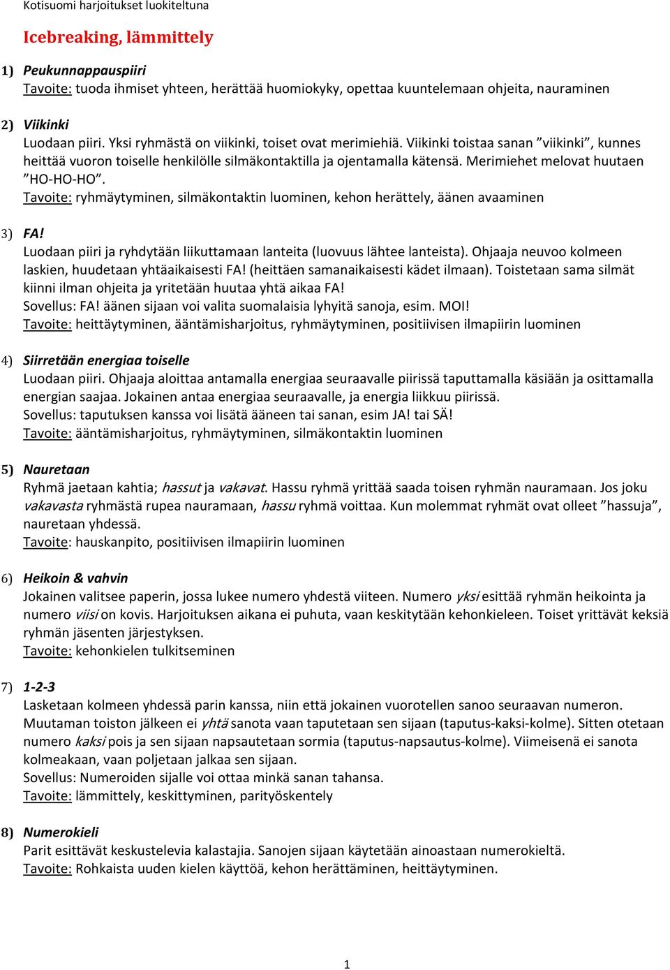 Merimiehet melovat huutaen HO-HO-HO. Tavoite: ryhmäytyminen, silmäkontaktin luominen, kehon herättely, äänen avaaminen 3) FA!