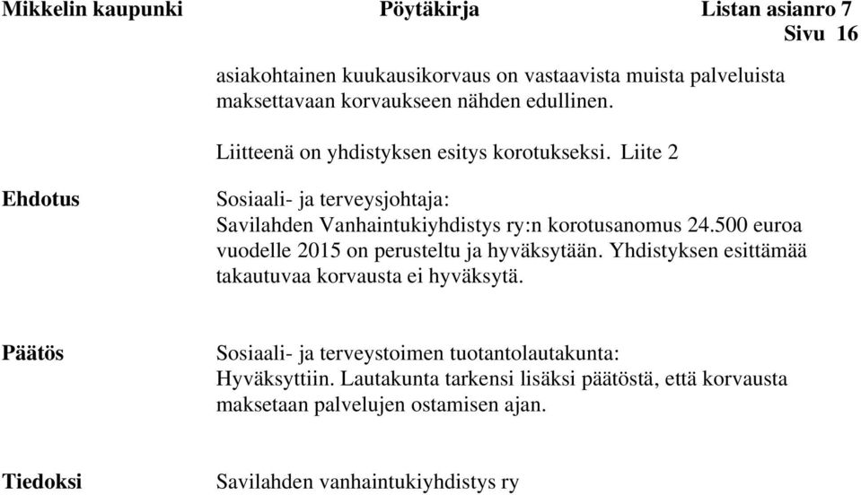 Liite 2 Ehdotus Sosiaali- ja terveysjohtaja: Savilahden Vanhaintukiyhdistys ry:n korotusanomus 24.