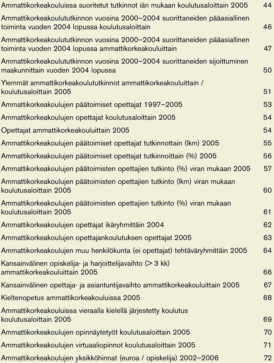 suorittaneiden sijoittuminen maakunnittain vuoden 2004 lopussa 50 Ylemmät ammattikorkeakoulututkinnot ammattikorkeakouluittain / koulutusaloittain 2005 51 Ammattikorkeakoulujen päätoimiset opettajat