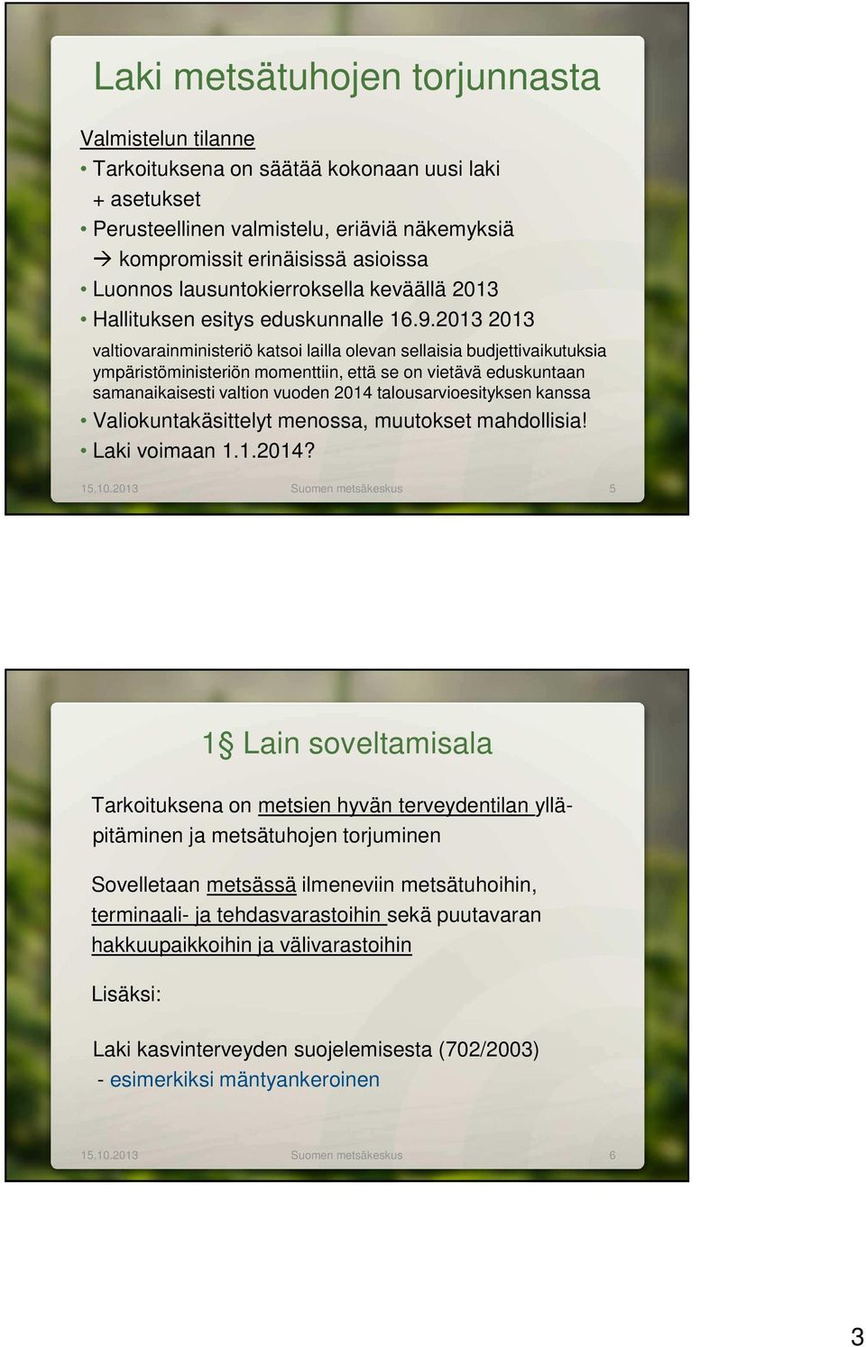 2013 2013 valtiovarainministeriö katsoi lailla olevan sellaisia budjettivaikutuksia ympäristöministeriön momenttiin, että se on vietävä eduskuntaan samanaikaisesti valtion vuoden 2014