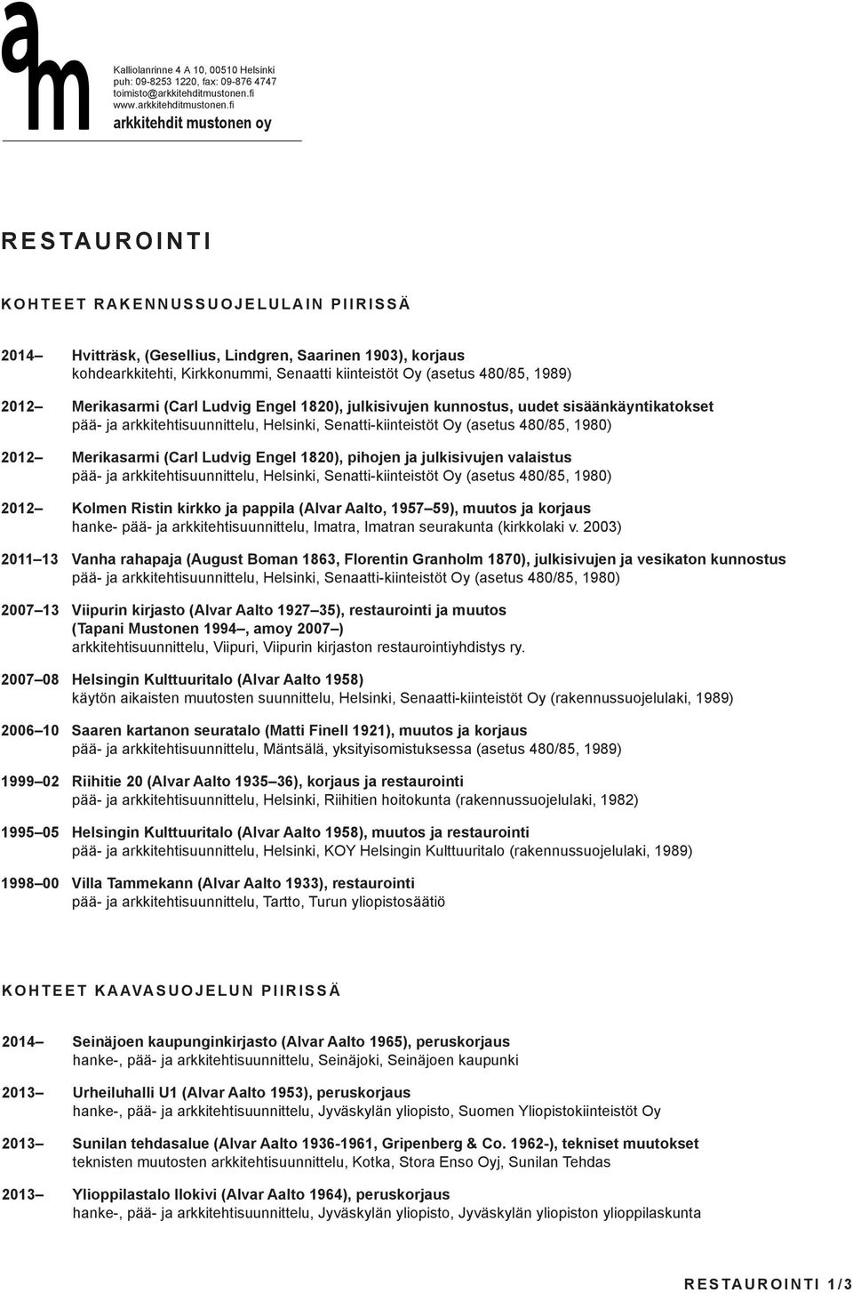 Ludvig Engel 1820), pihojen ja julkisivujen valaistus pää- ja arkkitehtisuunnittelu, Helsinki, Senatti-kiinteistöt Oy (asetus 480/85, 1980) 2012 Kolmen Ristin kirkko ja pappila (Alvar Aalto, 1957