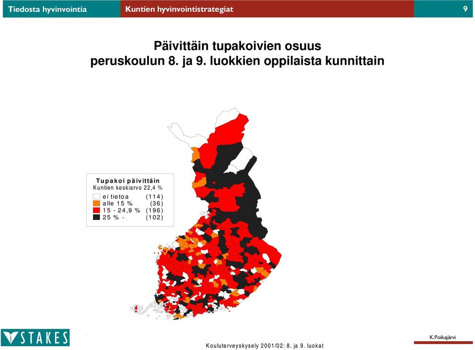 luokkien oppilaista kunnittain Tupakoi päivittäin Kuntien keskiarvo