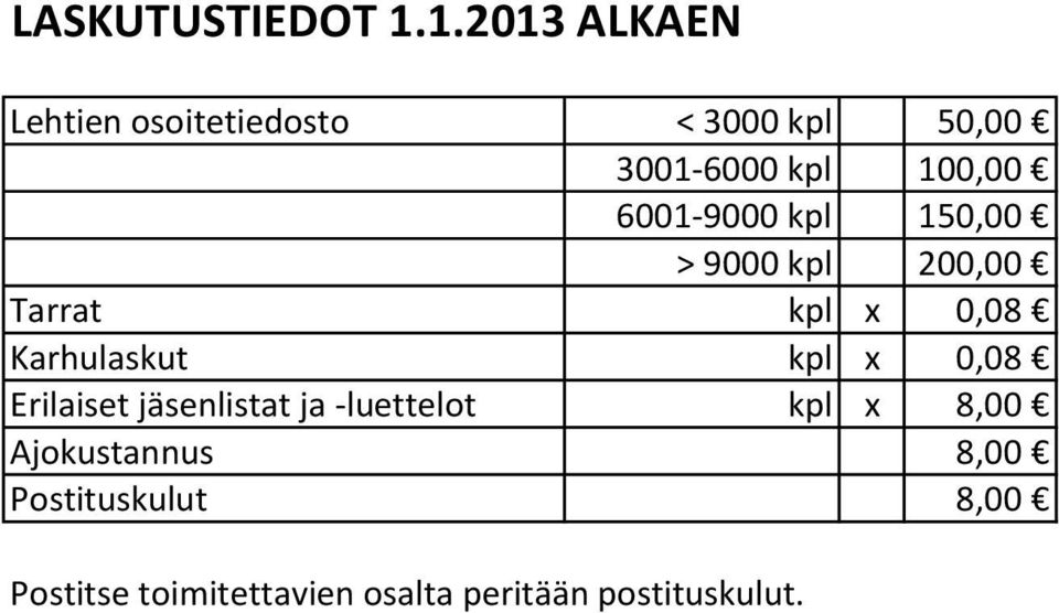 6001-9000 kpl 150,00 > 9000 kpl 200,00 Tarrat kpl x 0,08 Karhulaskut kpl x