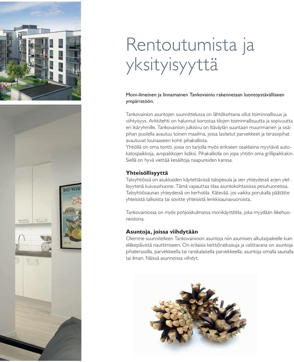 Tankovainion julkisivu on Itäväylän suuntaan muurimainen ja sisäpihan puolella avautuu toinen maailma, jossa lasitetut parvekkeet ja terassipihat avautuvat lounaaseen kohti pihakalliota.