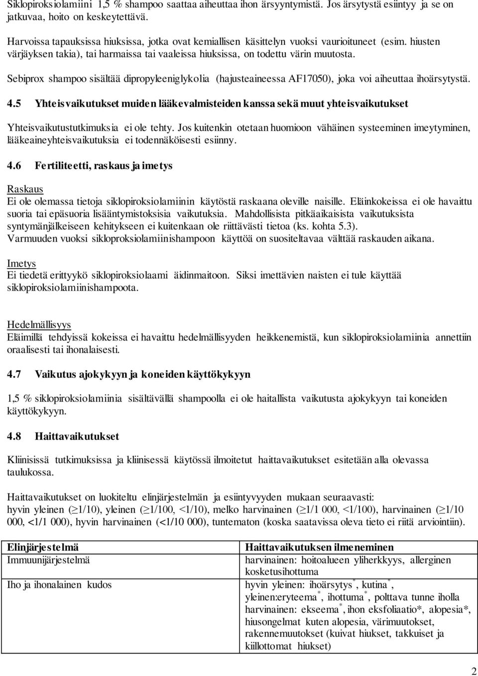 Sebiprox shampoo sisältää dipropyleeniglykolia (hajusteaineessa AF17050), joka voi aiheuttaa ihoärsytystä. 4.