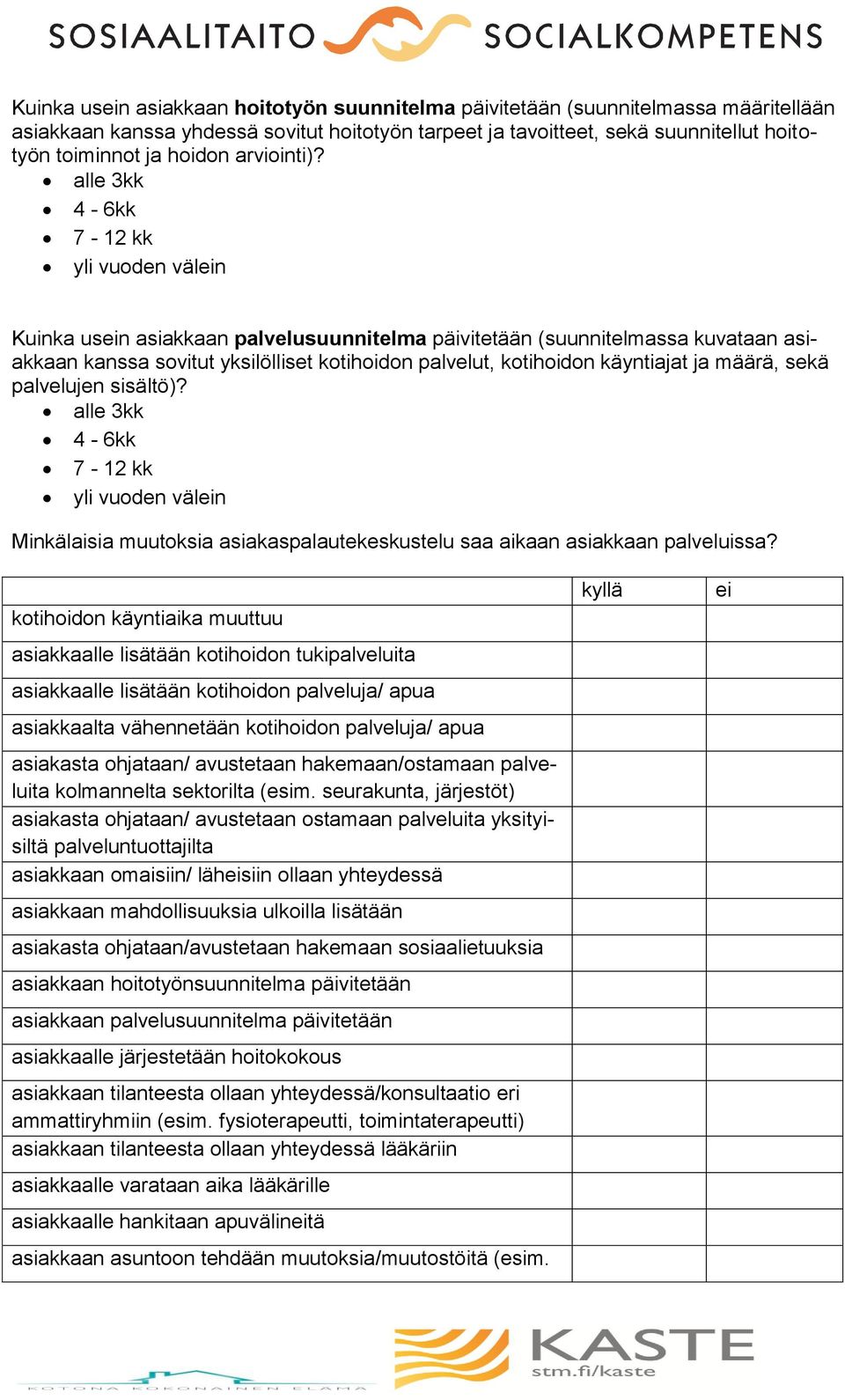 alle 3kk 4-6kk 7-12 kk yli vuoden välein Kuinka usein asiakkaan palvelusuunnitelma päivitetään (suunnitelmassa kuvataan asiakkaan kanssa sovitut yksilölliset kotihoidon palvelut, kotihoidon