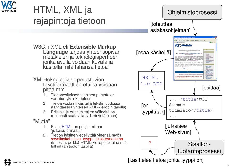 Tietoa voidaan käsitellä tekstimuodossa (tarvittaessa yhteisen XML-kieliopin tasolla) 3. Erilaisia ja eri toimittajien välineitä on runsaasti saatavilla (vrt. virkistäminen) Mutta 1. Esim.