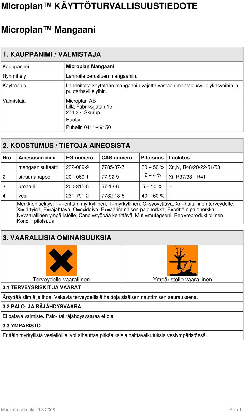 KOOSTUMUS / TIETOJA AINEOSISTA Nro Ainesosan nimi EG-numero. CAS-numero.
