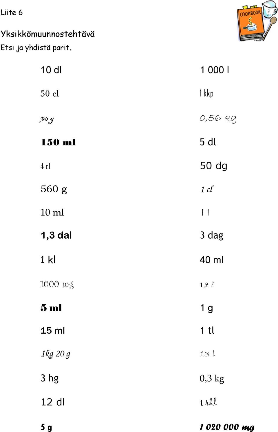 560 g 1 cl 10 ml 1 l 1,3 dal 3 dag 1 kl 40 ml 1000 mg 1,2 l 5