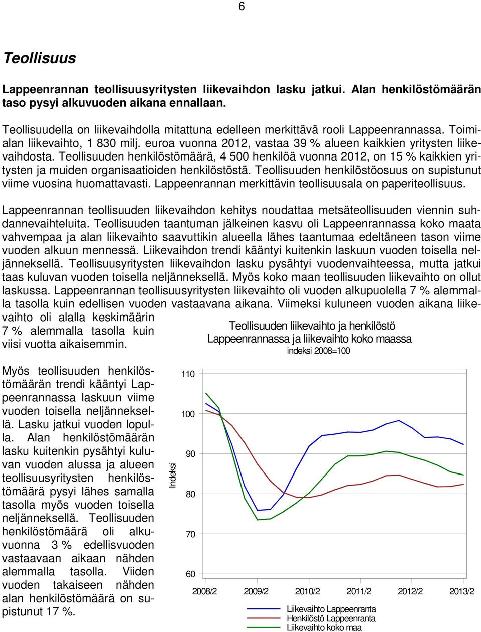 Teollisuuden henkilöstömäärä, 4 500 henkilöä vuonna 2012, on 15 % kaikkien yritysten ja muiden organisaatioiden henkilöstöstä. Teollisuuden henkilöstöosuus on supistunut viime vuosina huomattavasti.