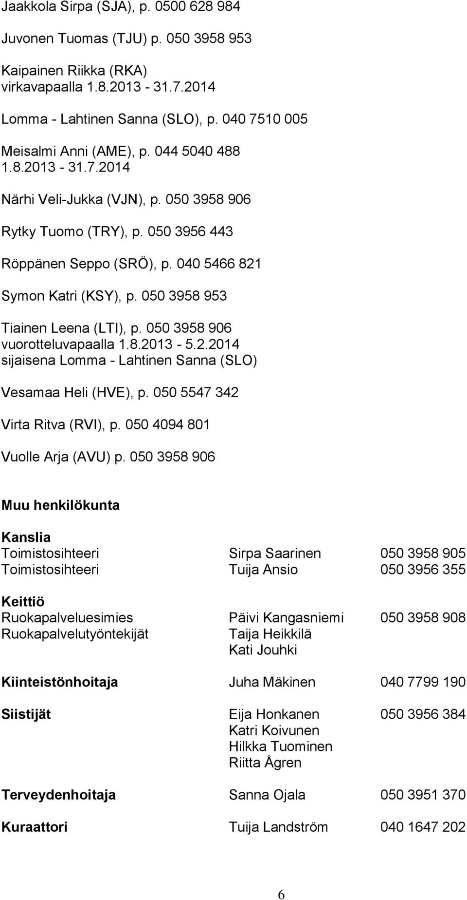 050 3958 953 Tiainen Leena (LTI), p. 050 3958 906 vuorotteluvapaalla 1.8.2013-5.2.2014 sijaisena Lomma - Lahtinen Sanna (SLO) Vesamaa Heli (HVE), p. 050 5547 342 Virta Ritva (RVI), p.