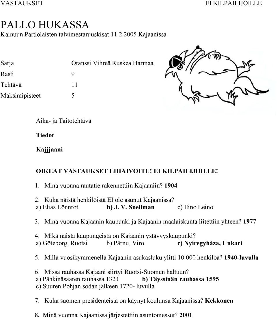 Mikä näistä kaupungeista on Kajaanin ystävyyskaupunki? a) Göteborg, Ruotsi b) Pärnu, Viro c) Nyíregyháza, Unkari 5. Millä vuosikymmenellä Kajaanin asukasluku ylitti 10 000 henkilöä? 1940-luvulla 6.