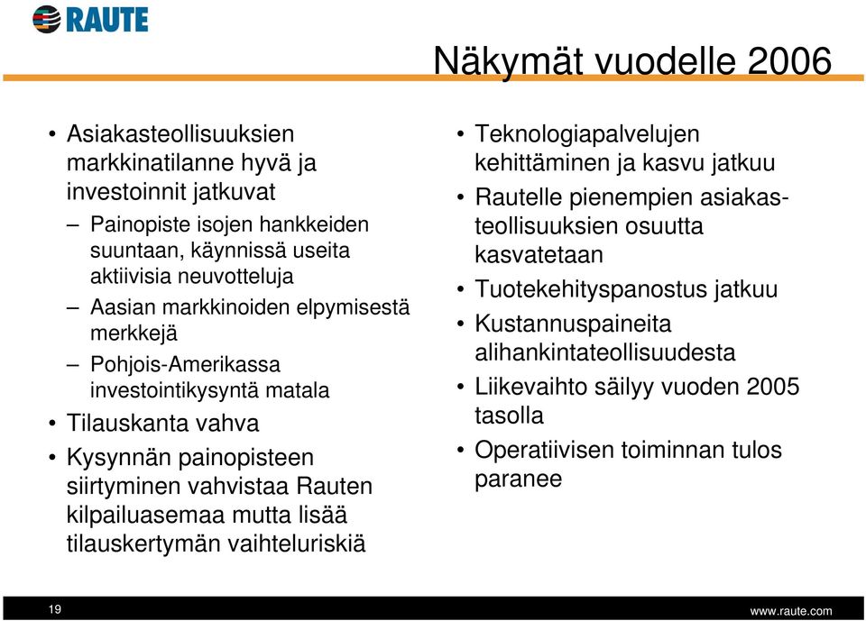 Rauten kilpailuasemaa mutta lisää tilauskertymän vaihteluriskiä Teknologiapalvelujen kehittäminen ja kasvu jatkuu Rautelle pienempien asiakasteollisuuksien osuutta