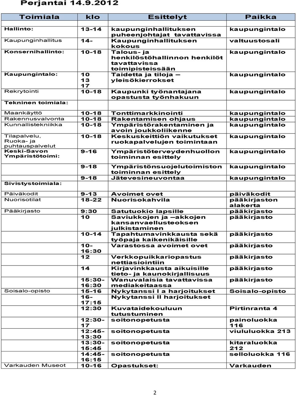 henkilöstöhallinnon henkilöt tavattavissa toimipisteissään Kaupungintalo: 10 Taidetta ja tiloja 13 yleisökierrokset 17 Rekrytointi 10-18 Kaupunki työnantajana opastusta työnhakuun Tekninen toimiala: