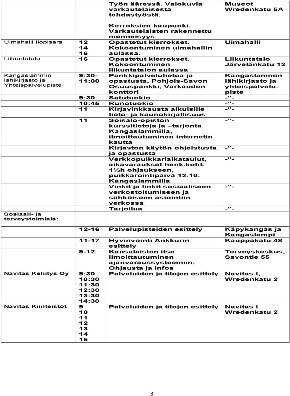 Kokoontuminen liikuntatalon aulassa Yhteispalvelupiste Sosiaali- ja terveystoimiala: 9:30-11:00 Navitas Kehitys Oy 9:30 10:30 11:30 12:30 13:30 14:30 Navitas Kiinteistöt 9 10 11 12 13 14 15