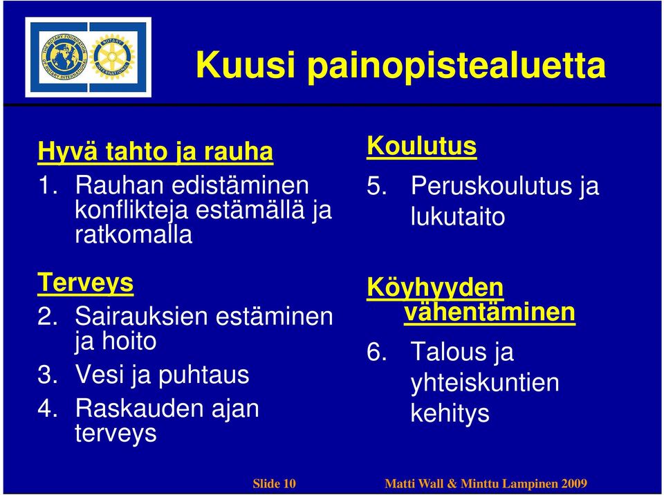 Sairauksien estäminen ja hoito 3. Vesi ja puhtaus 4.