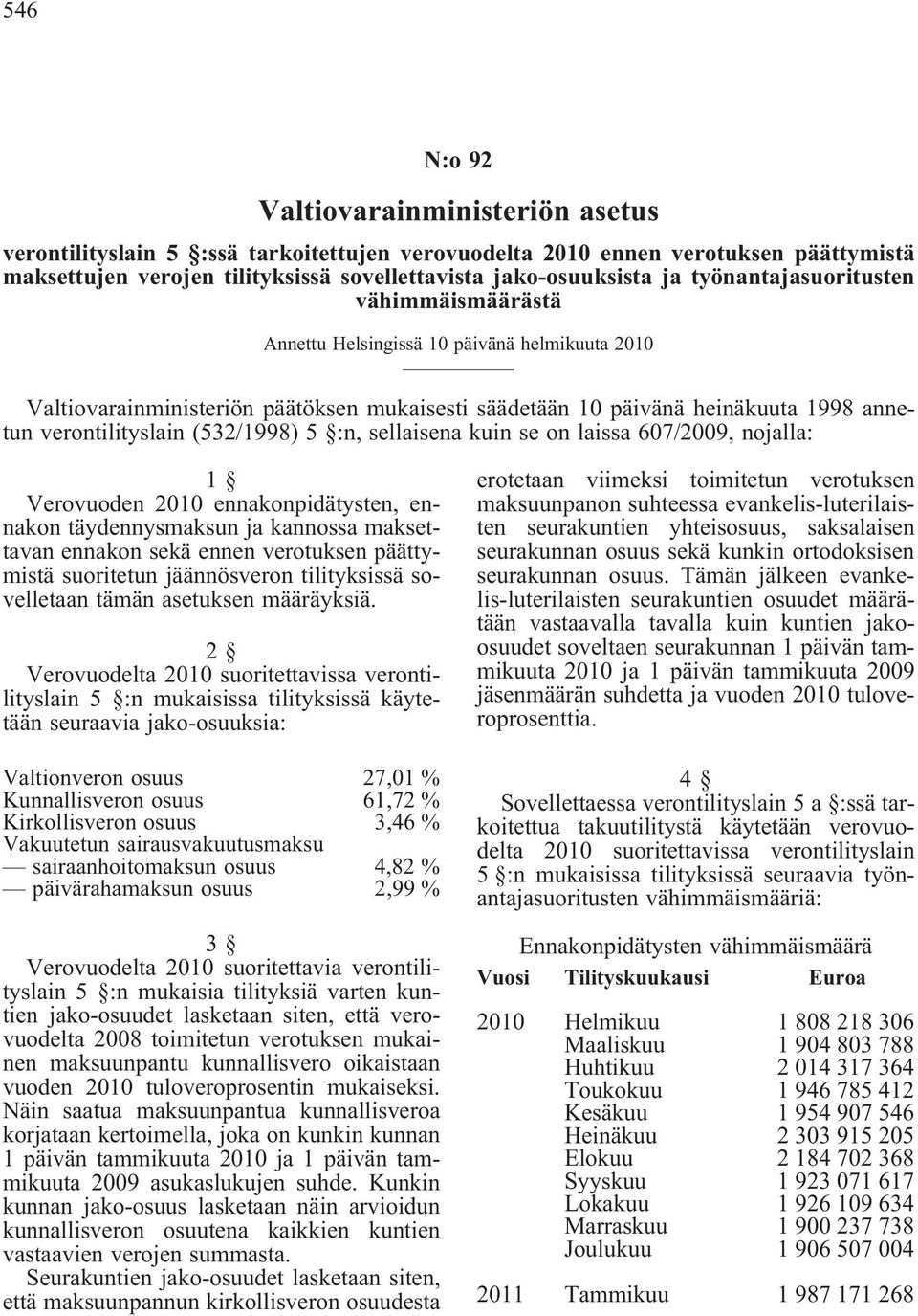 (532/1998) 5 :n, sellaisena kuin se on laissa 607/2009, nojalla: 1 Verovuoden 2010 ennakonpidätysten, ennakon täydennysmaksun ja kannossa maksettavan ennakon sekä ennen verotuksen päättymistä