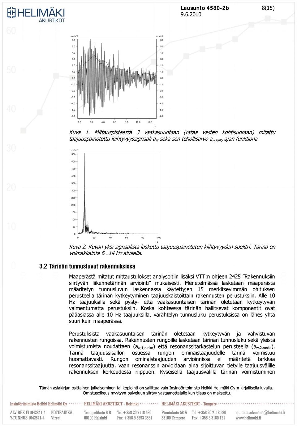 µm/s^2 550 500 450 400 350 300 250 200 150 100 50 0 0 20 40 60 80 100 Hz Kuva 2. Kuvan yksi signaalista laskettu taajuuspainotetun kiihtyvyyden spektri. Tärinä on voimakkainta 6 14 Hz alueella. 3.2 Tärinän tunnusluvut rakennuksissa Maaperästä mitatut tulokset analysoitiin lisäksi VTT:n ohjeen 2425 Rakennuksiin siirtyvän liikennetärinän arviointi mukaisesti.