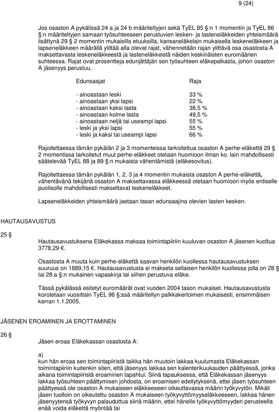 leskeneläkkeestä ja lasteneläkkeistä näiden keskinäisten euromäärien suhteessa. Rajat ovat prosentteja edunjättäjän sen työsuhteen eläkepalkasta, johon osaston A jäsenyys perustuu.