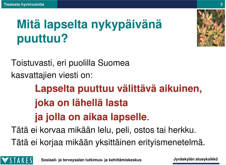 välittävä aikuinen, joka on lähellä lasta ja jolla on aikaa lapselle.