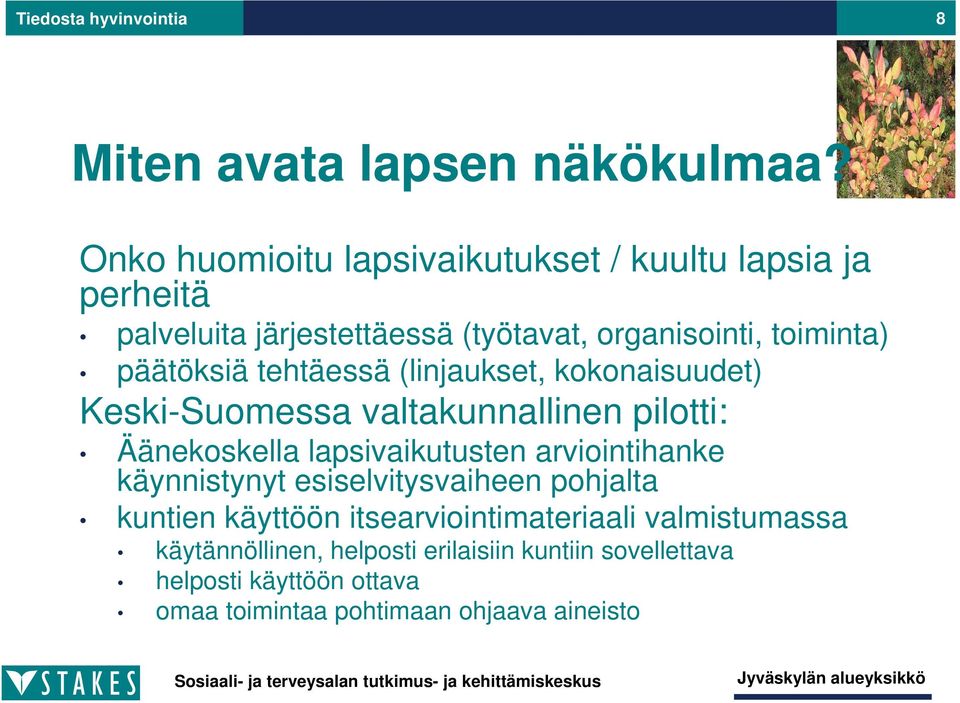 tehtäessä (linjaukset, kokonaisuudet) Keski-Suomessa valtakunnallinen pilotti: Äänekoskella lapsivaikutusten arviointihanke