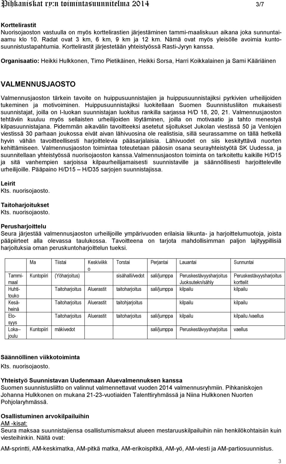 Organisaatio: Heikki Hulkkonen, Timo Pietikäinen, Heikki Sorsa, Harri Koikkalainen ja Sami Kääriäinen VALMENNUSJAOSTO Valmennusjaoston tärkein tavoite on huippusuunnistajien ja huippusuunnistajiksi