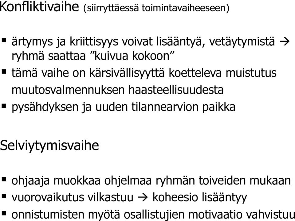 haasteellisuudesta pysähdyksen ja uuden tilannearvion paikka Selviytymisvaihe ohjaaja muokkaa ohjelmaa
