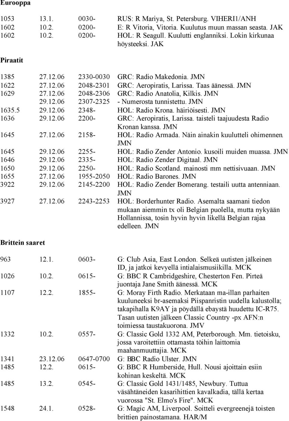 JMN 29.12.06 2307-2325 - Numerosta tunnistettu. JMN 1635.5 29.12.06 2348- HOL: Radio Krona. häiriöisesti. JMN 1636 29.12.06 2200- GRC: Aeropiratis, Larissa. taisteli taajuudesta Radio Kronan kanssa.