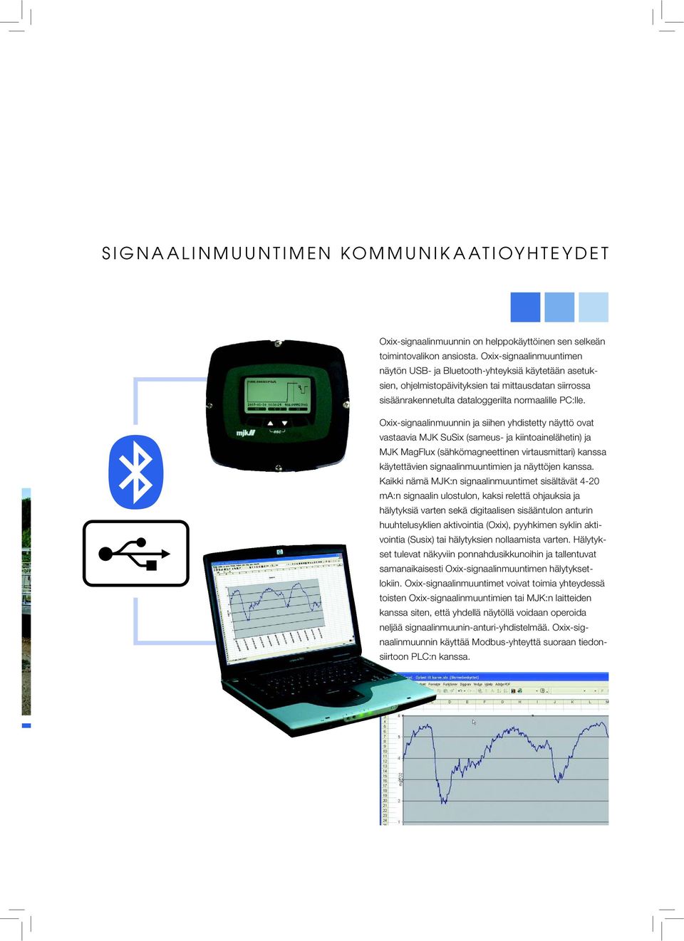 Oxix-signaalinmuunnin ja siihen yhdistetty näyttö ovat vastaavia MJK SuSix (sameus- ja kiintoainelähetin) ja MJK MagFlux (sähkömagneettinen virtausmittari) kanssa käytettävien signaalinmuuntimien ja