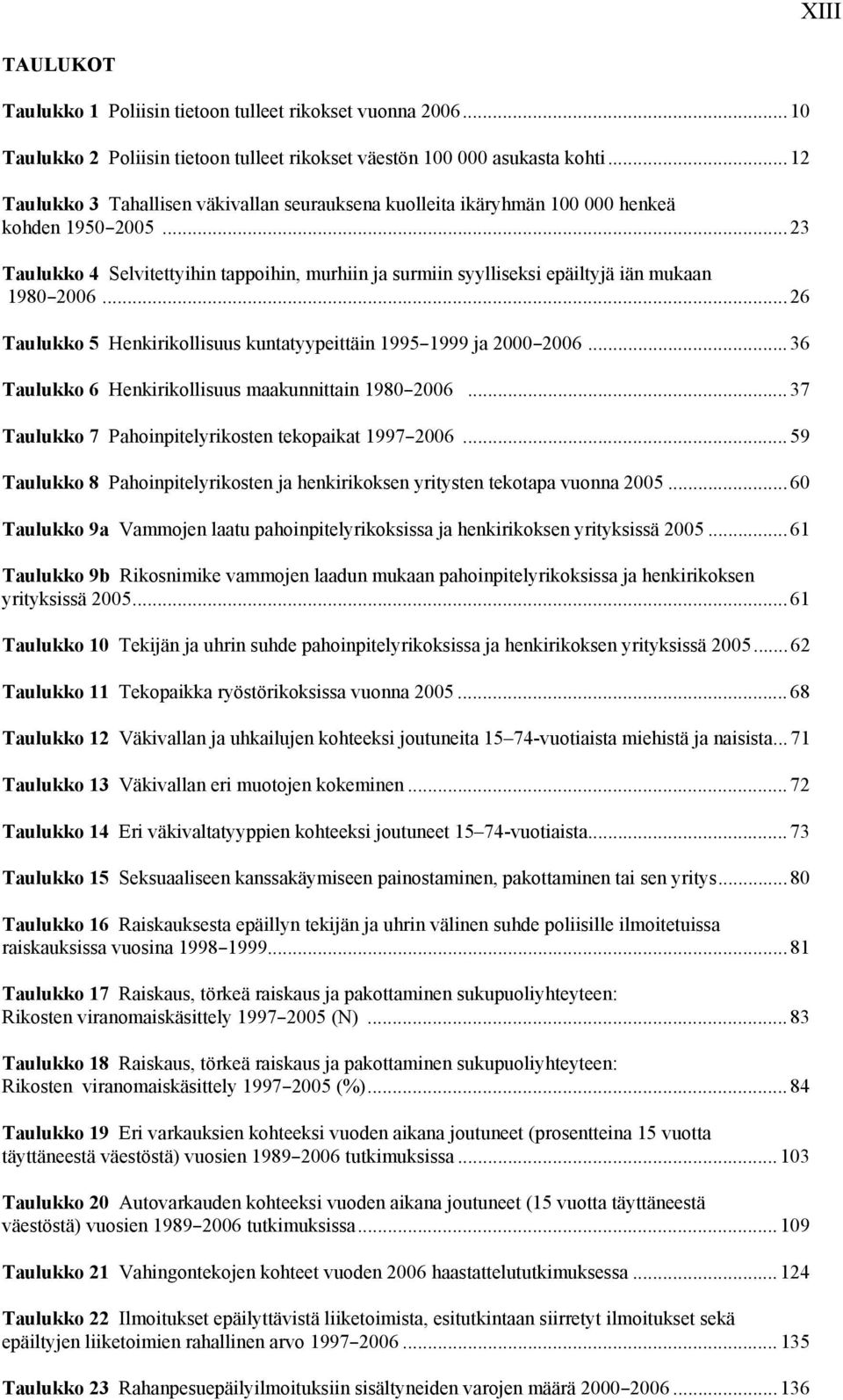 ..23 Taulukko 4 Selvitettyihin tappoihin, murhiin ja surmiin syylliseksi epäiltyjä iän mukaan 1980B2006...26 Taulukko 5 Henkirikollisuus kuntatyypeittäin 1995B1999 ja 2000B2006.