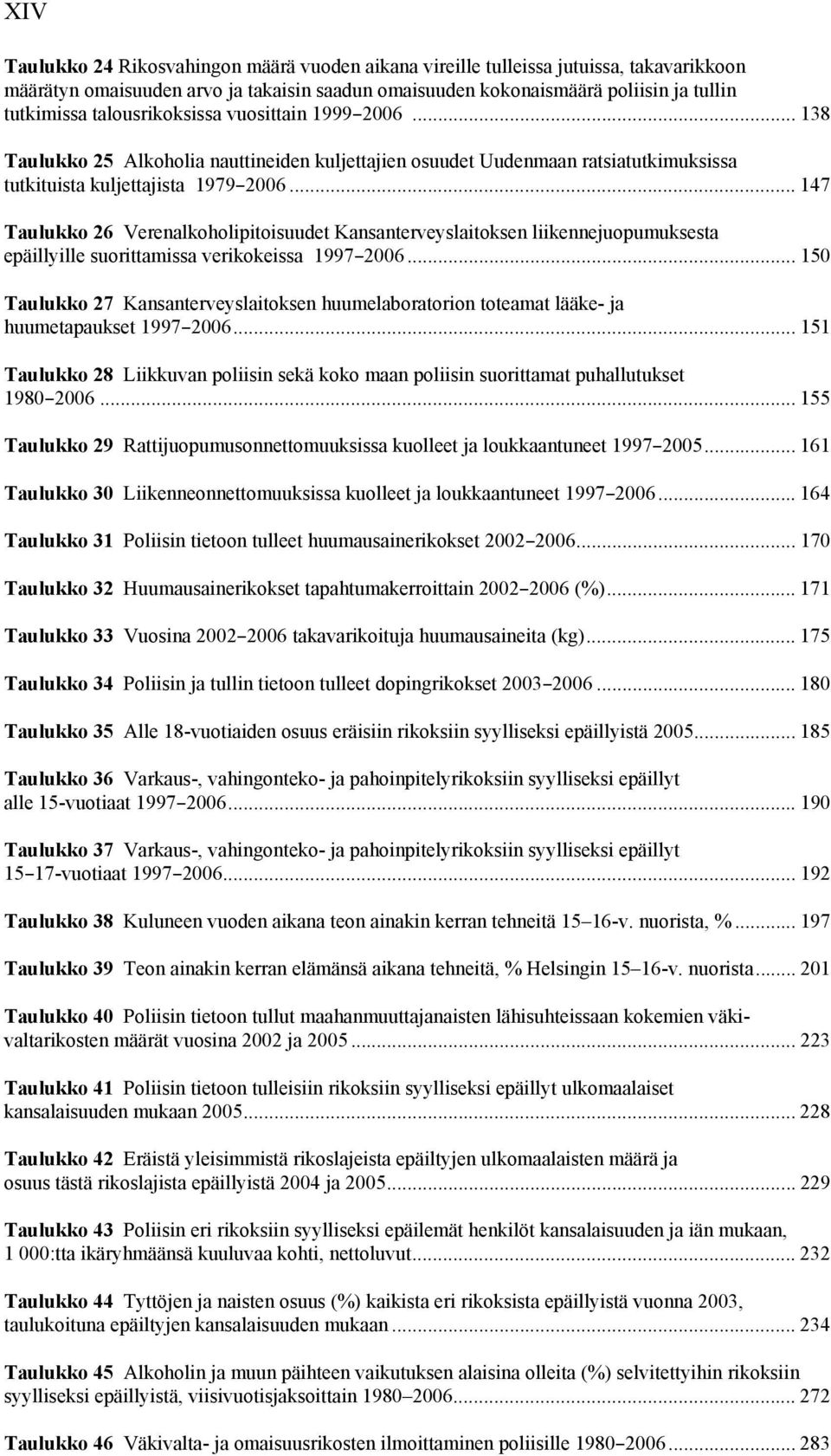 .. 147 Taulukko 26 Verenalkoholipitoisuudet Kansanterveyslaitoksen liikennejuopumuksesta epäillyille suorittamissa verikokeissa 1997B2006.