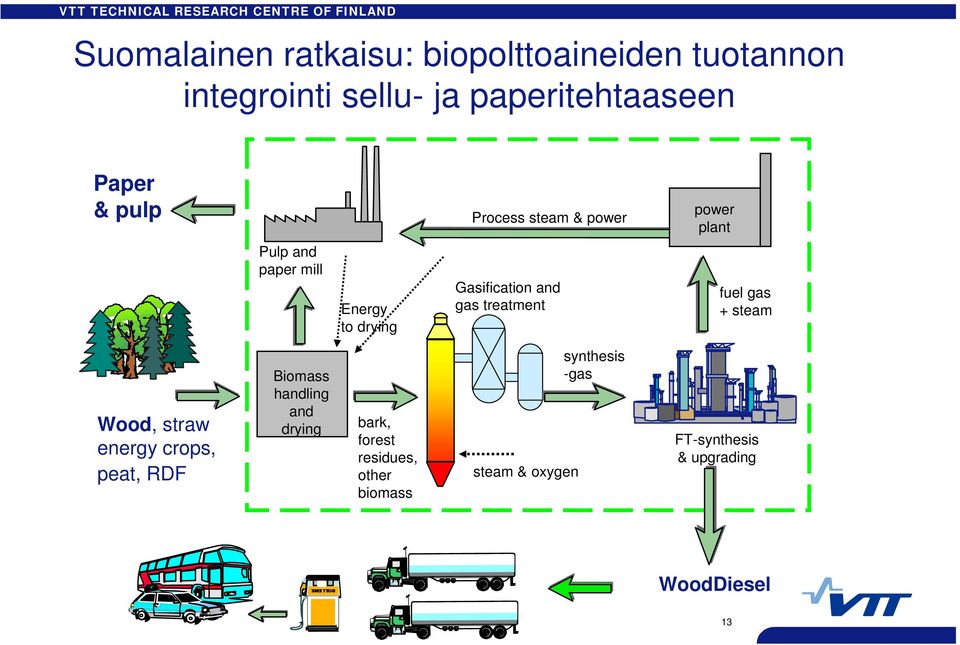 treatment fuel gas + steam Wood, straw energy crops, peat, RDF Biomass handling and drying bark,