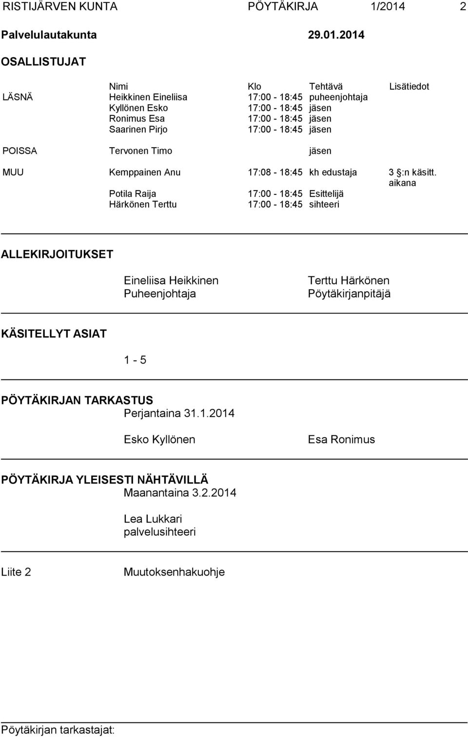 2014 OSALLISTUJAT Nimi Klo Tehtävä Lisätiedot LÄSNÄ Heikkinen Eineliisa 17:00-18:45 puheenjohtaja Kyllönen Esko 17:00-18:45 jäsen Ronimus Esa 17:00-18:45 jäsen Saarinen Pirjo