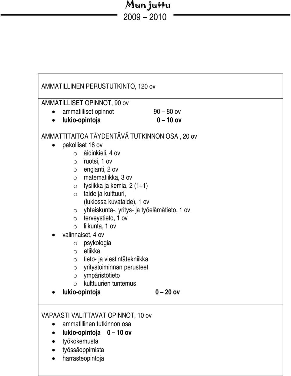 yhteiskunta-, yritys- ja työelämätieto, o terveystieto, o liikunta, valinnaiset, 4 ov o psykologia o etiikka o tieto- ja viestintätekniikka o yritystoiminnan perusteet o